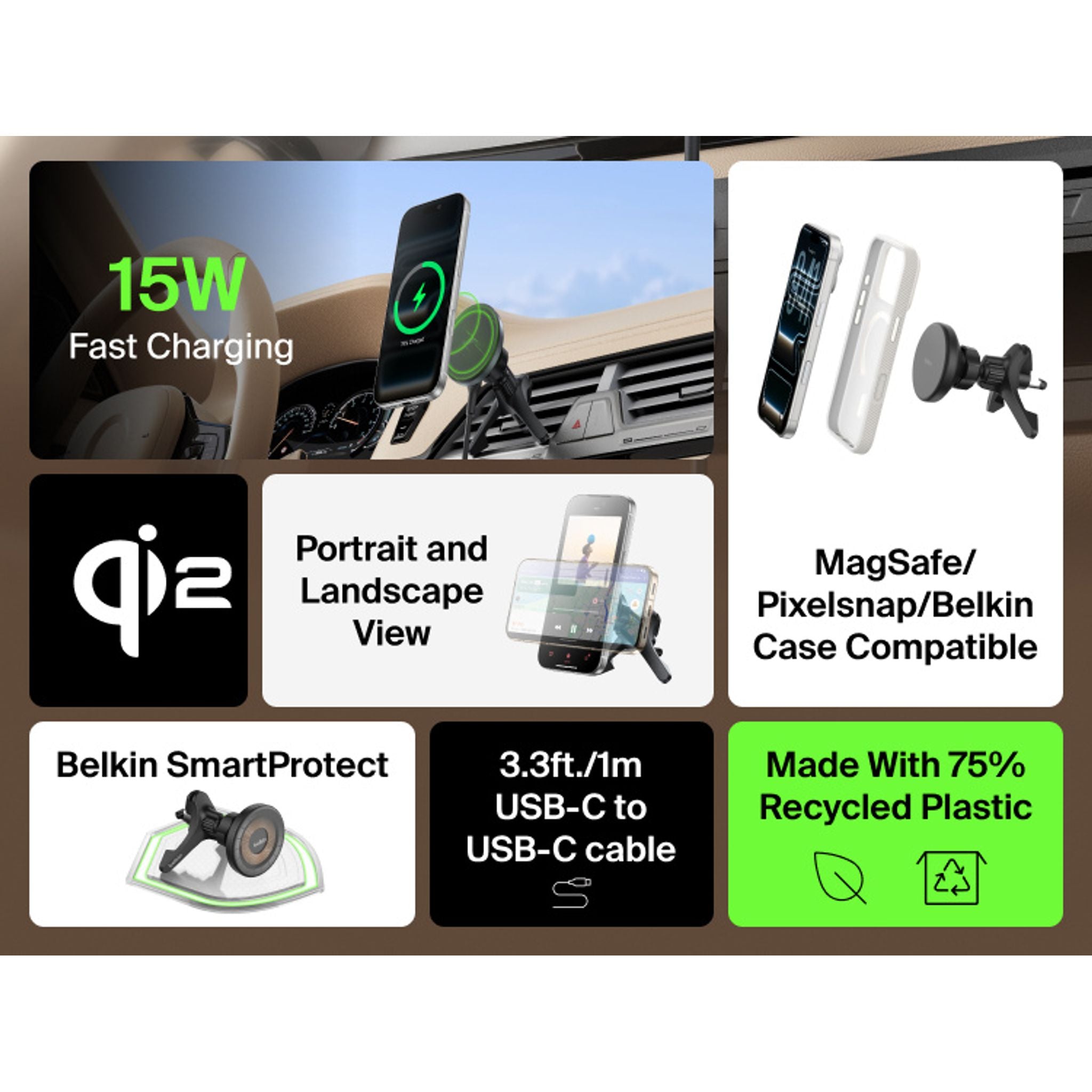 Belkin Magnetic Wireless Car Charging Vent Mount With Qi2 27W Car Adapter Black tl:953a3aa5