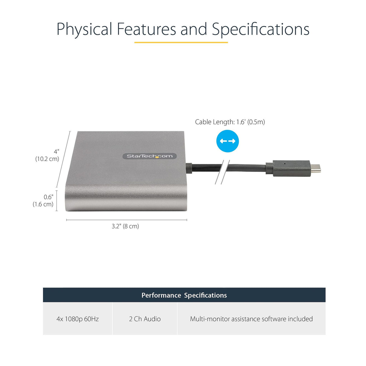 StarTech.com USB C to Quad HDMI Adapter 4x 1080p 60Hz 2ch Audio USB Powered 1m