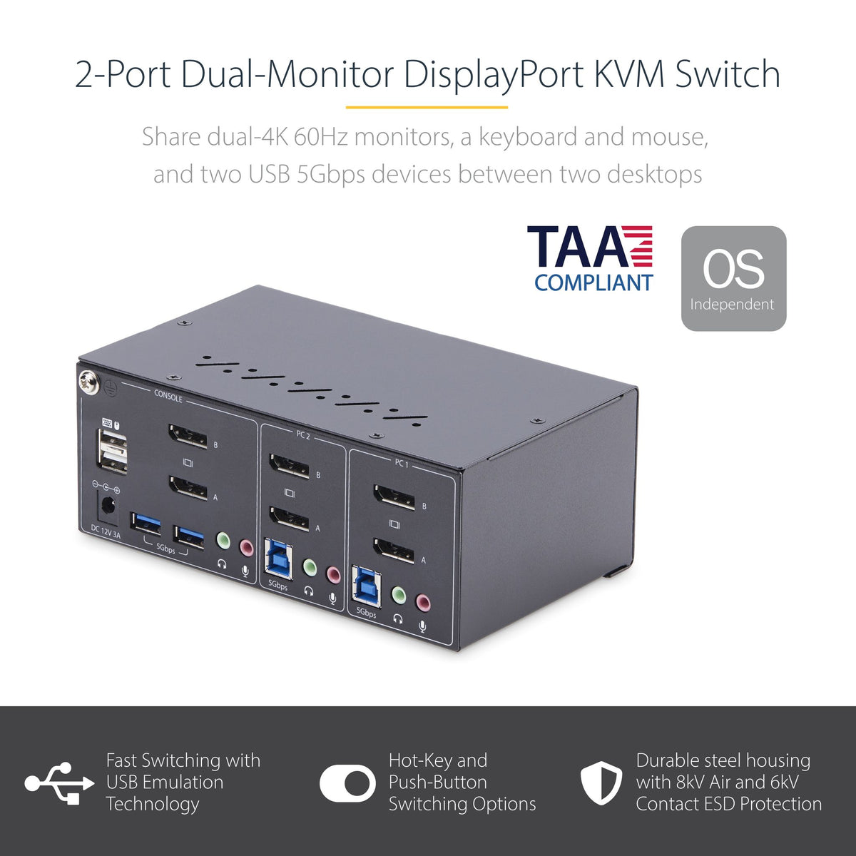 StarTech.com 2-Port Dual-Monitor DisplayPort KVM Switch 4K 60Hz 2x USB 5Gbps