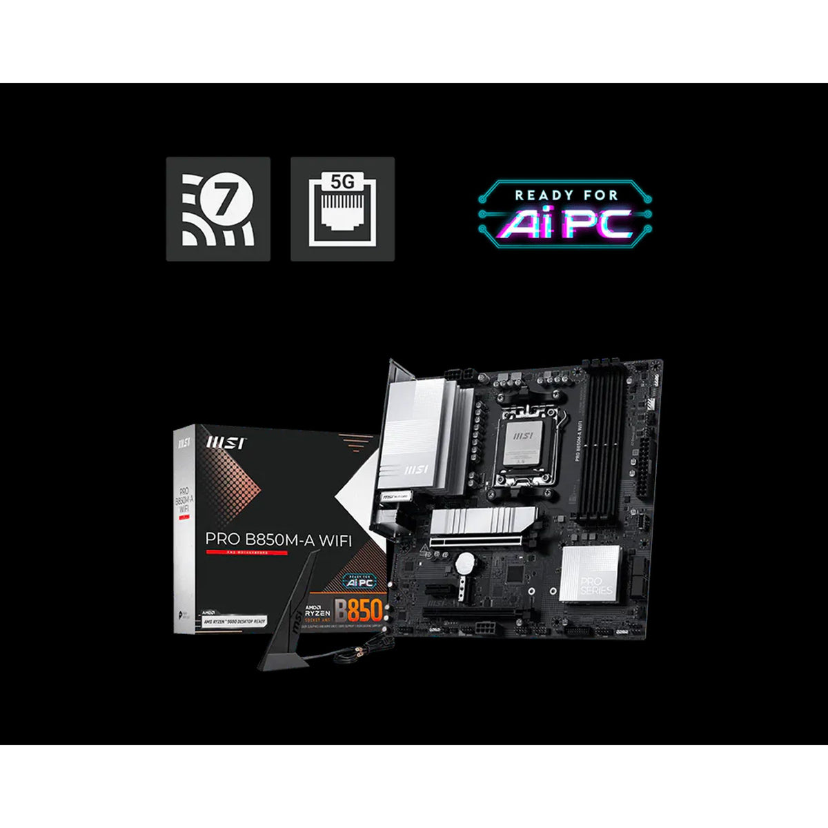 MSI PRO B850M-A WIFI AM5 4x DDR5 1x HDMI 1x PCI-E x16 3x M.2 Motherboard WiFi 7 tl:ec75095d