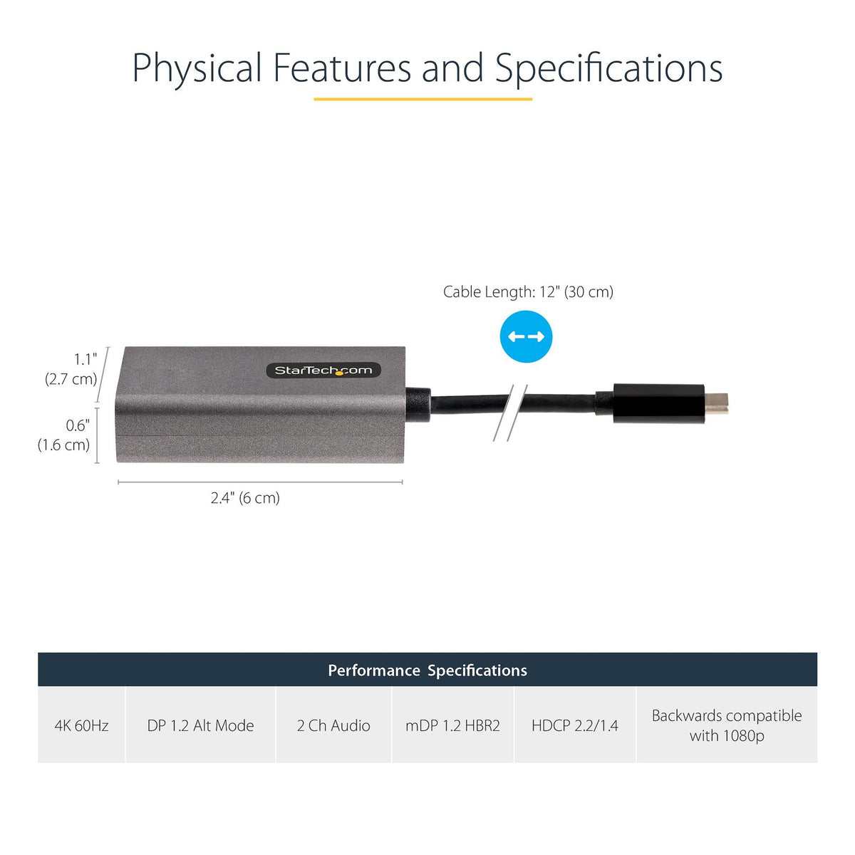 StarTech.com USB C to Mini DisplayPort Adapter 4K 60Hz 12" Cable DP 1.2