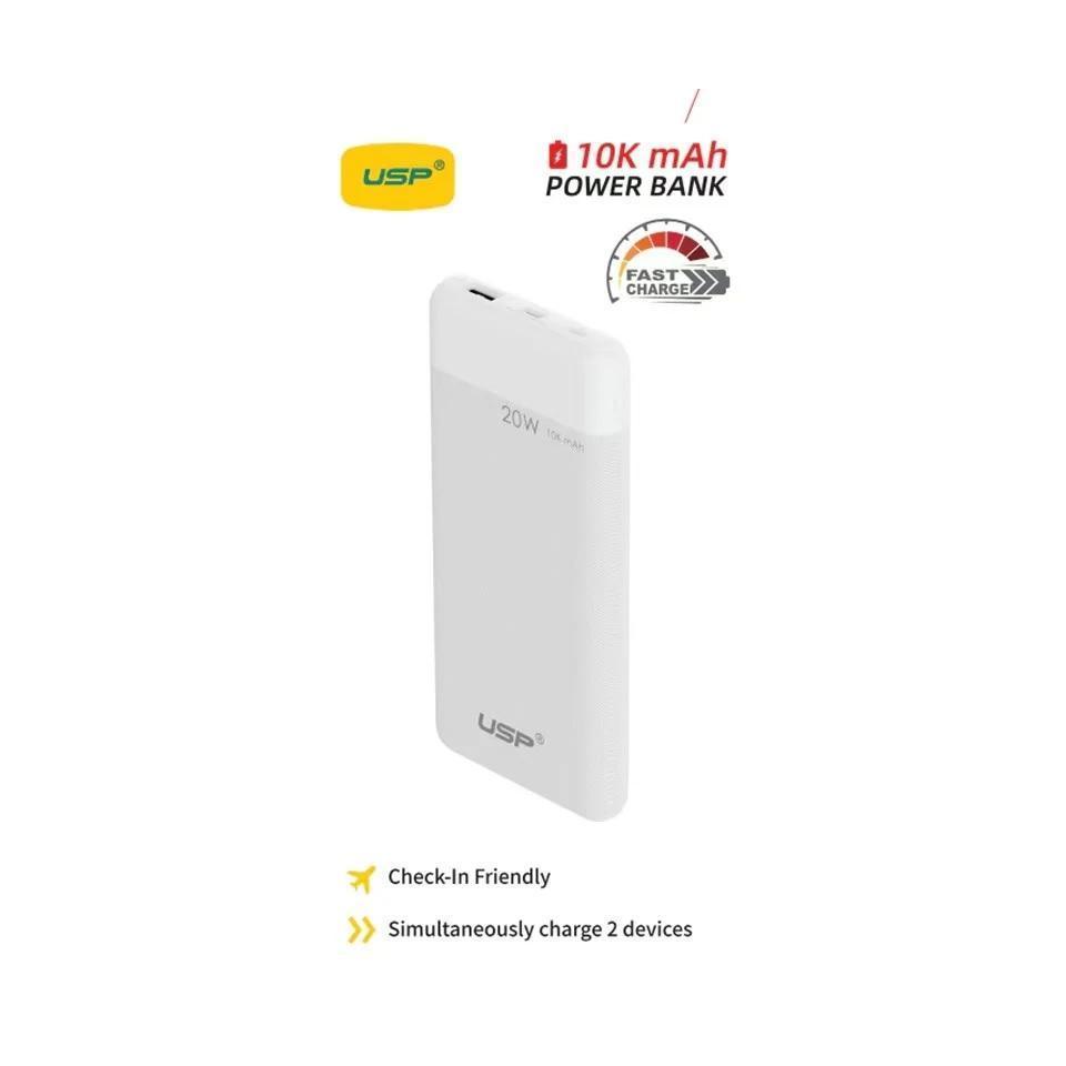 USP 10K mAh Power Bank White - 20W Fast Charge 1x USB-C 1x USB-A Built-in Ele...