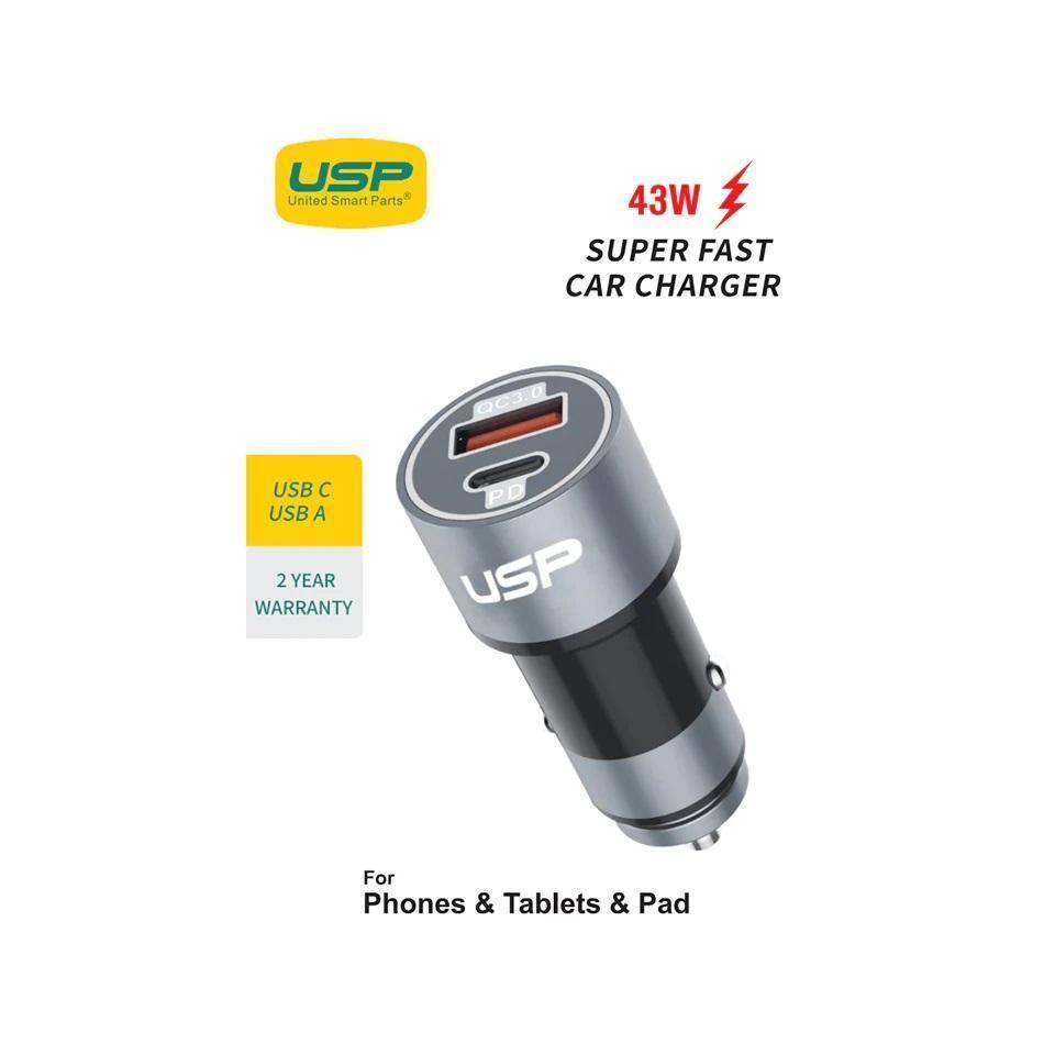 USP 43W Dual Port Car Charger USB-C PD 25W USB-A QC 3.0 Silver
