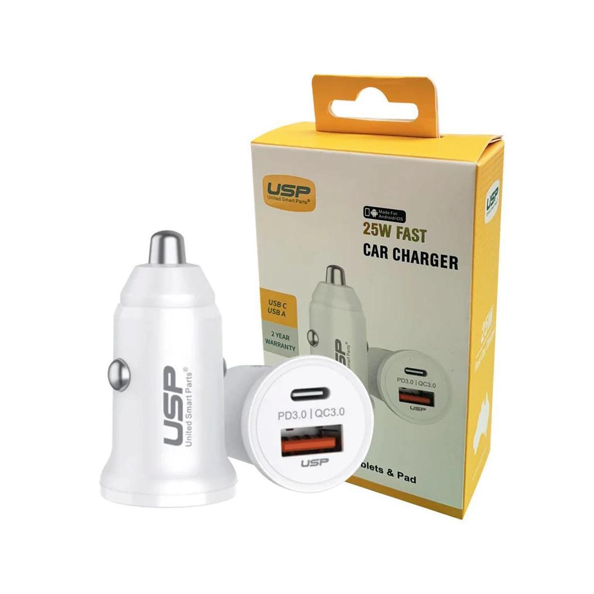 USP 43W Dual Port Car Charger White USB-C(25W) USB-A(18W) QC 3.0