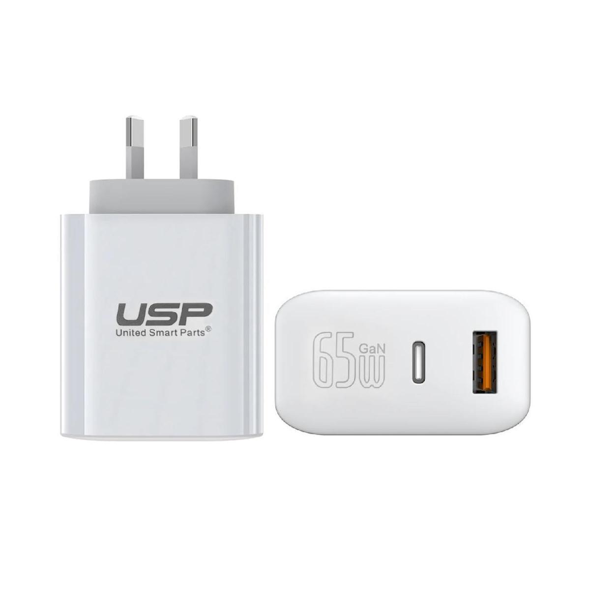 USP 65W Dual Port GaN Wall Charger White 1x USB-C 45W PD 1x USB-A 18W QC 3.0