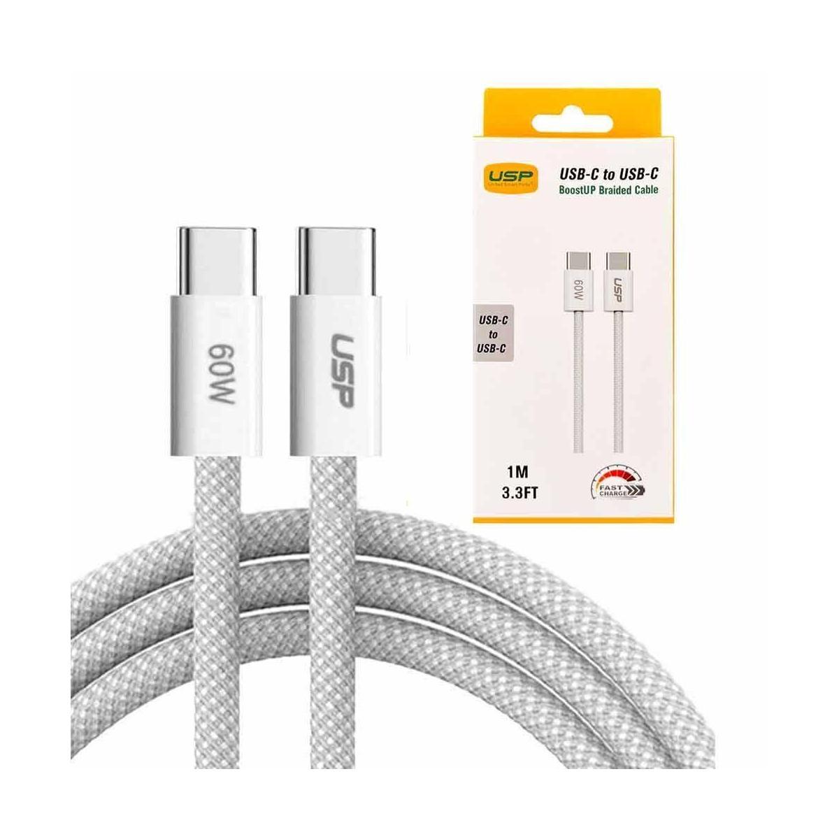 USP BoostUp Braided USB-C to USB-C Cable 1M White 3A 60W