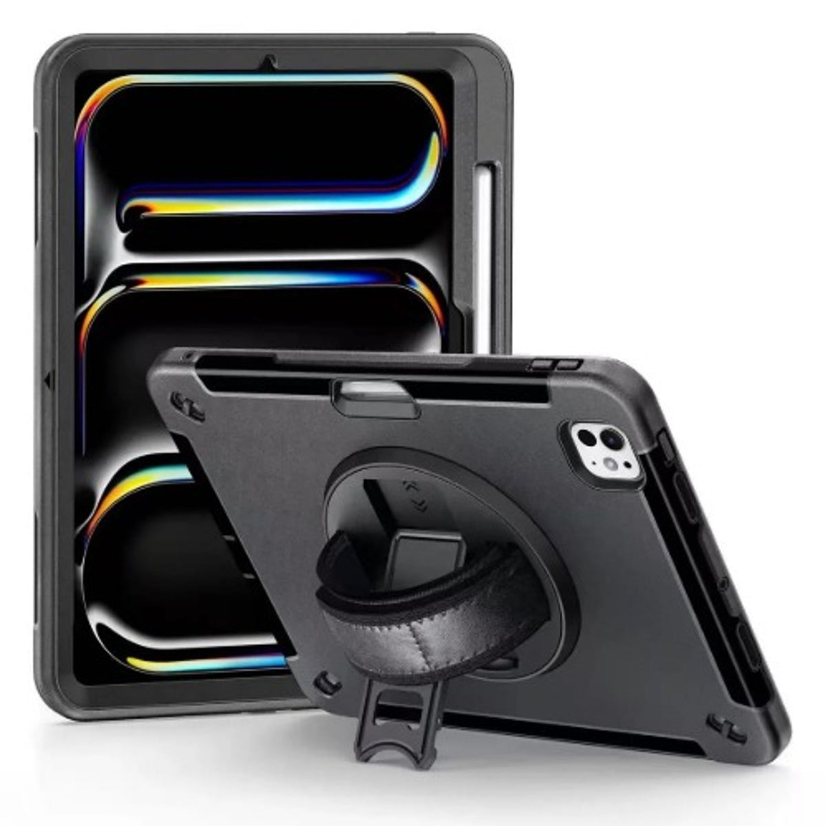 USP Rugged Apple iPad Pro M5/M4 8th/7th Gen Case Black Kickstand Strap Dropout