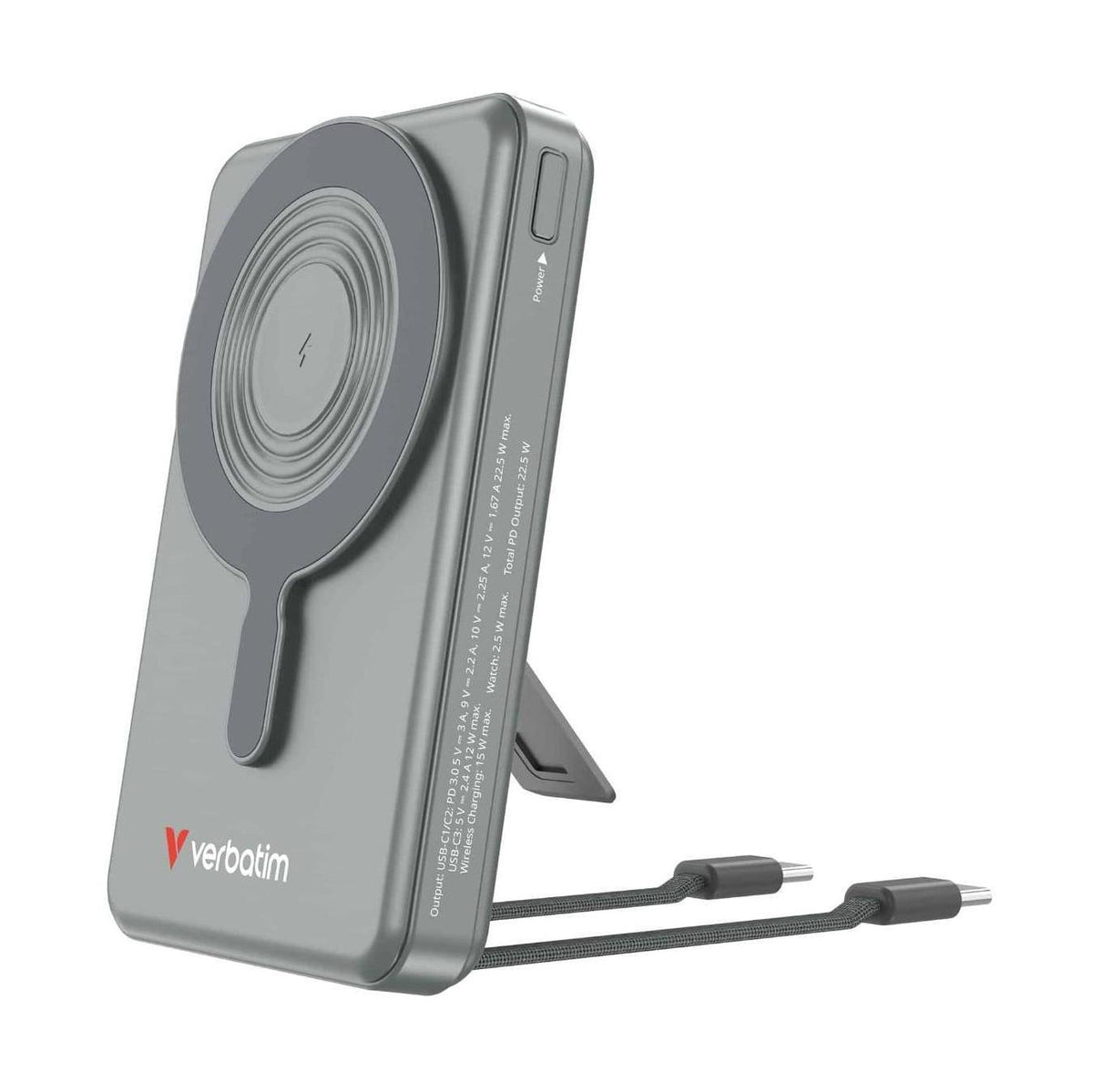 Verbatim Magnetic Wireless 10000mAh C+C Power Bank Display Grey