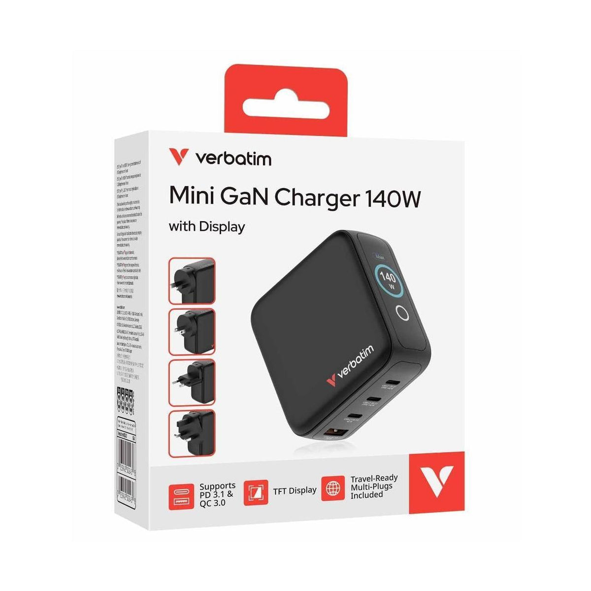 Verbatim Mini GaN Charger 140W with Display Premium 4-port GaN wall charger