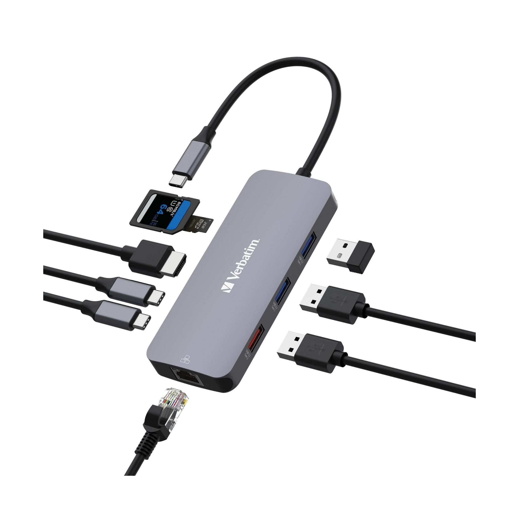 Verbatim USB-C Pro Multiport Hub 9 Ports 1 x HDMI 1 x RJ45 2 x USB-C 3.2 Gen2...